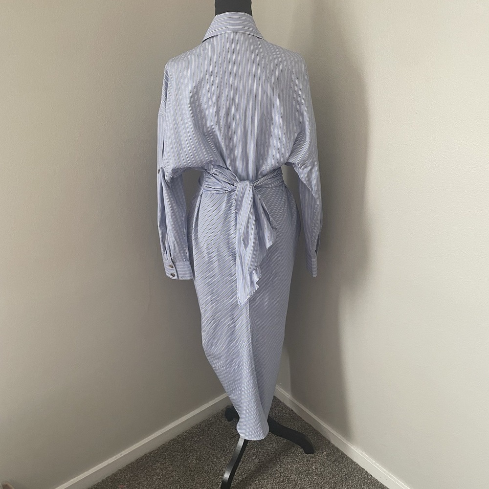MABLE Sz M Blue/Multi Striped Midi Shirt Dress Front Tie Long Sleeve Coastal - Picture 12 of 15
